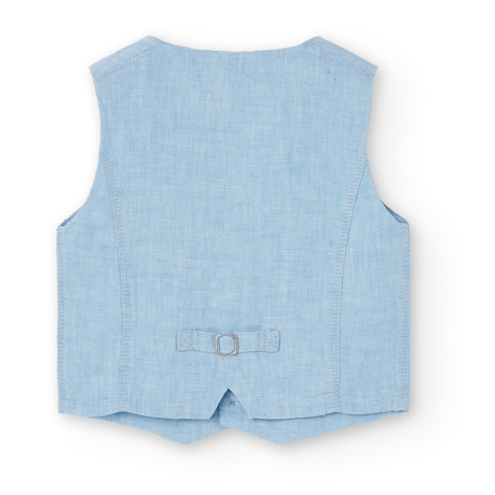 Chaleco niño, lino liso, cuello pico, azul celeste