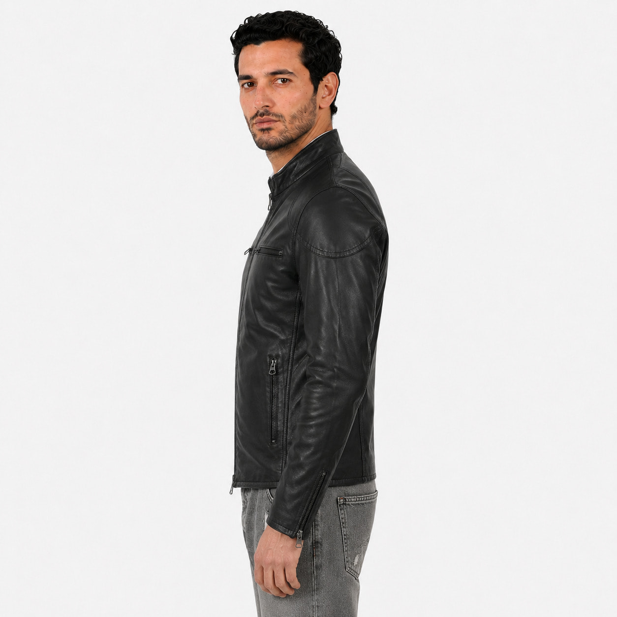 Giubbino in pelle di vitello nappa Nero-Slim Fit