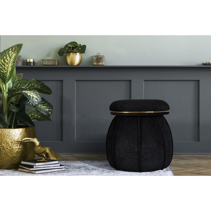 Pouf imbottito Corin in tessuto nero con dettagli oro