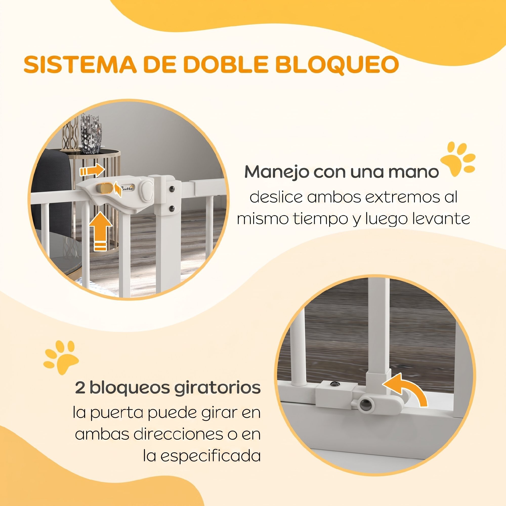 Barrera de Seguridad para Perros Extensible 74-94 cm, para Puertas y Escaleras, Barrera para Perros Medianos, Cierre Automático Montaje a Presión Doble Bloqueo 1 Extensión 14 cm, Blanco