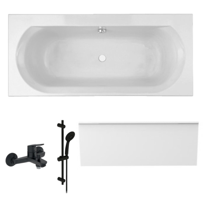 Pack baignoire droite 170 x 75 Elise + tablier niche + pommeau et mitigeur bain noir mat Aimé + vidage