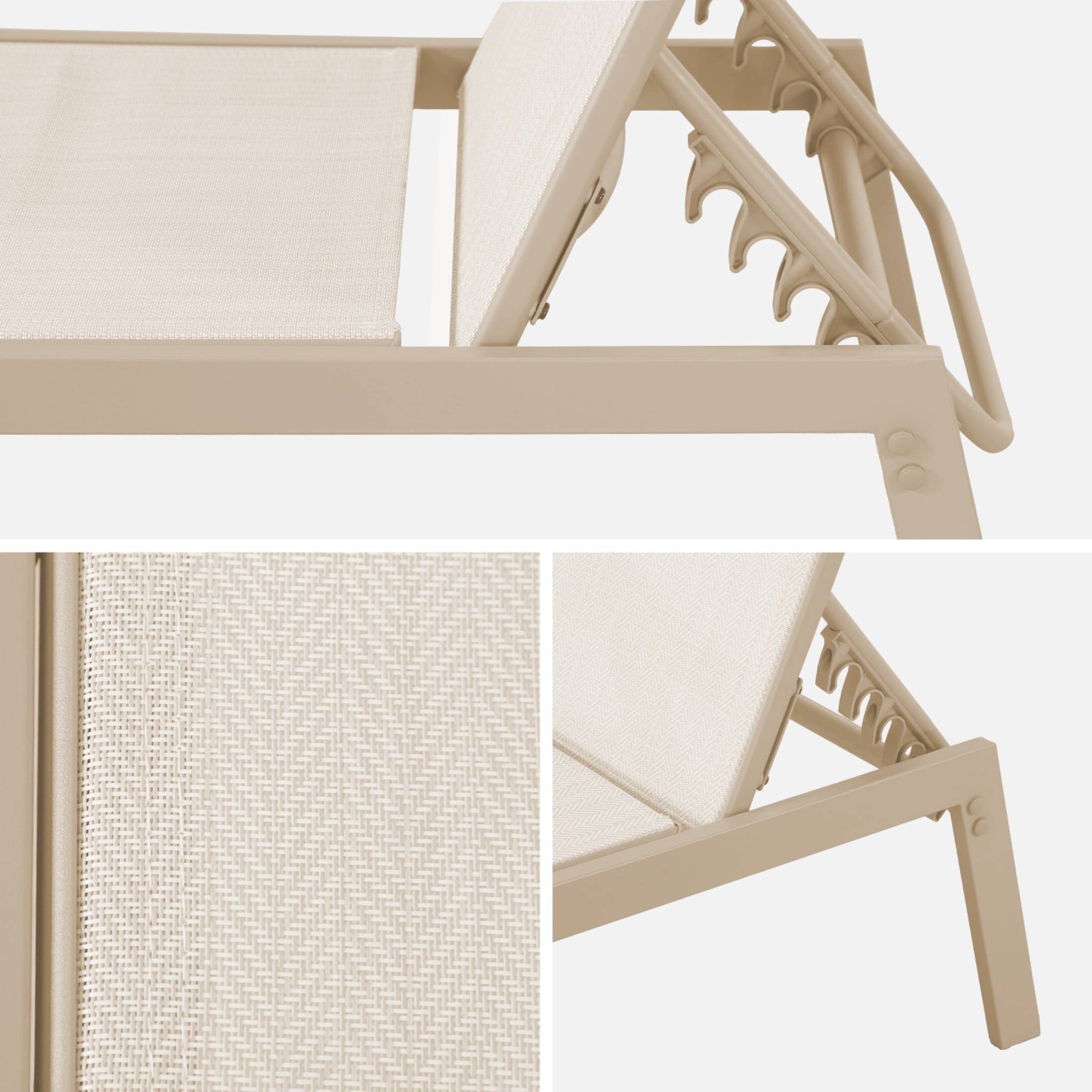 Lot de 2 transats beige. 5 positions. en textilène et métal. FLORA.  L155 x P59 x H106cm