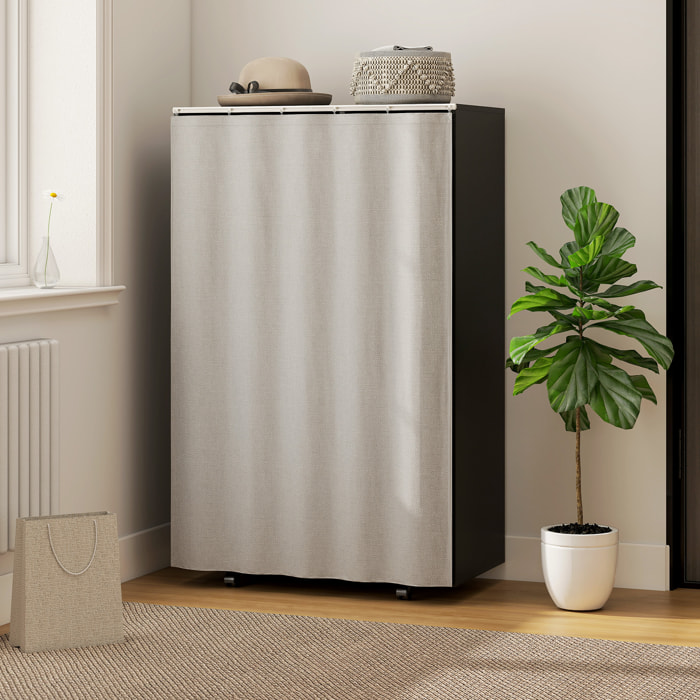 Armoire penderie sur roulettes - tringle, étagère, penderie, 3 compartiments - effet bois noir rideau gris