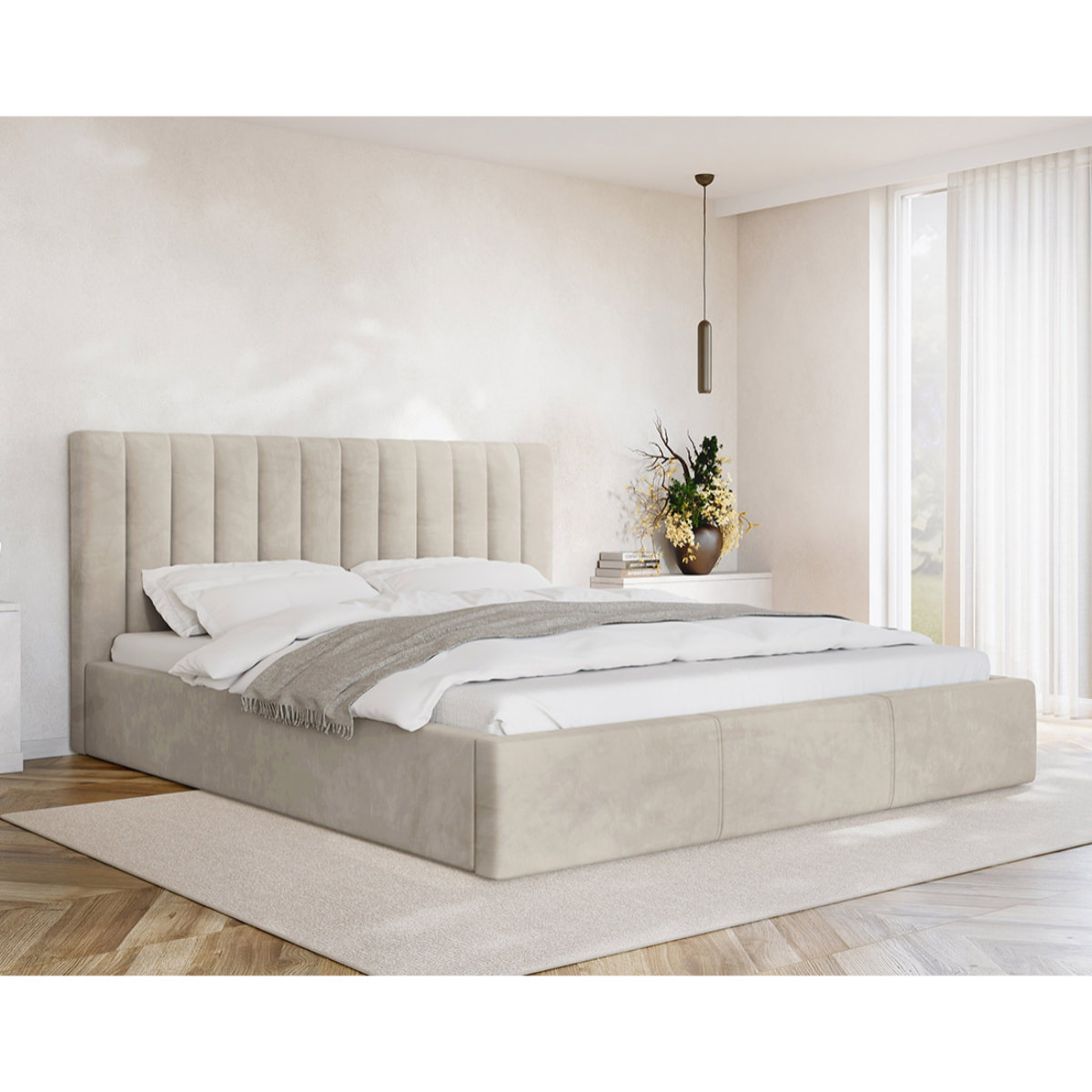 Rosario - lit coffre - 160x200 - sommier inclus - en velours - Beige