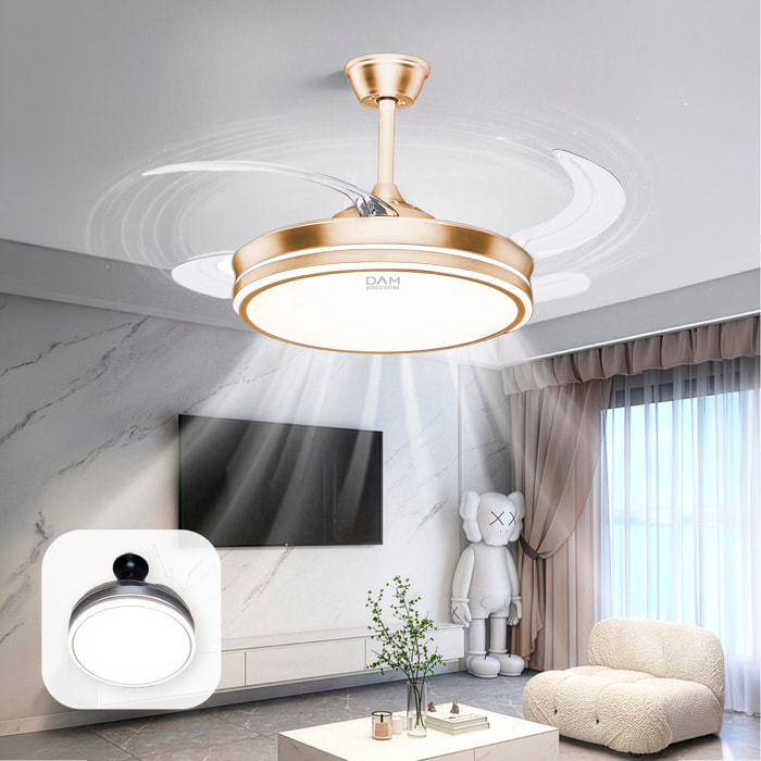 Ventilador de techo L433 107cm, aspas retráctiles, motor DC 30W, luz LED regulable de 60W, 6 velocidades, modo verano/invierno. Mando a distancia.