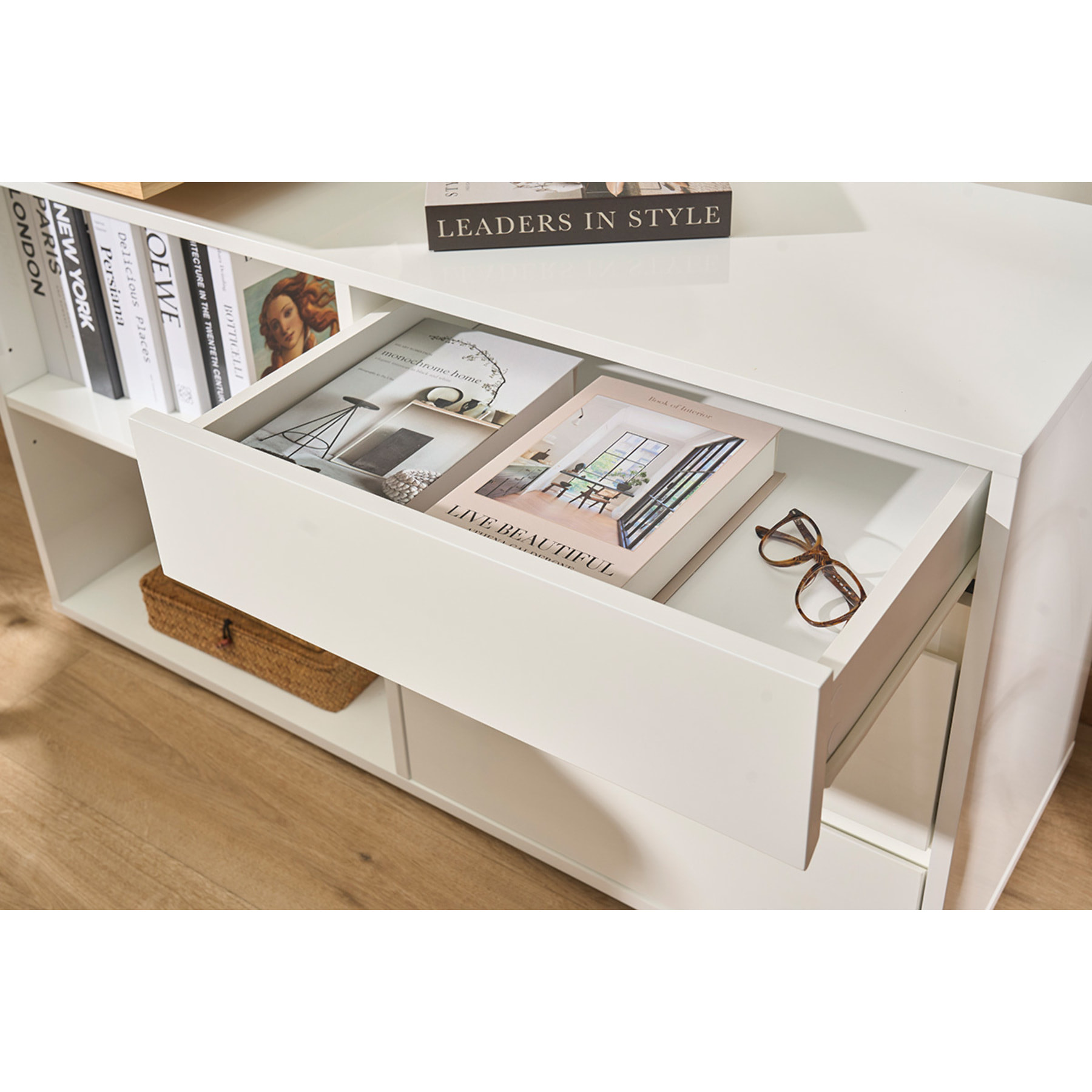 Bureau modulable design blanc brillant et bois clair frêne L160-235 cm NEW MAX