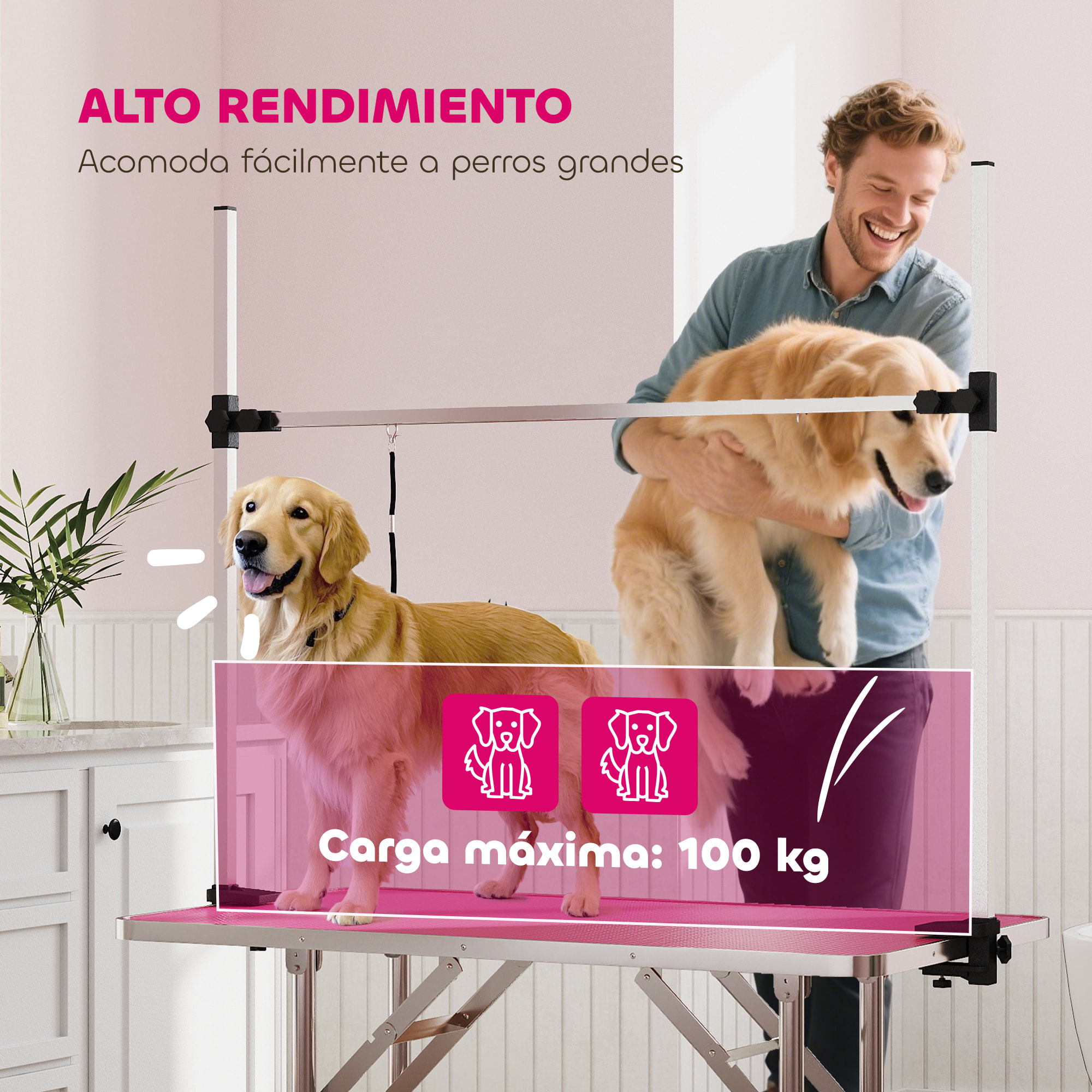 Mesa de Peluquería Canina Plegable, Mesa de Aseo con Cesta de Rejilla Metálica, Encimera Antideslizante, Barra de Acero Inoxidable Ajustable, para Perros, Gatos, 107x60x164 cm, Rosa