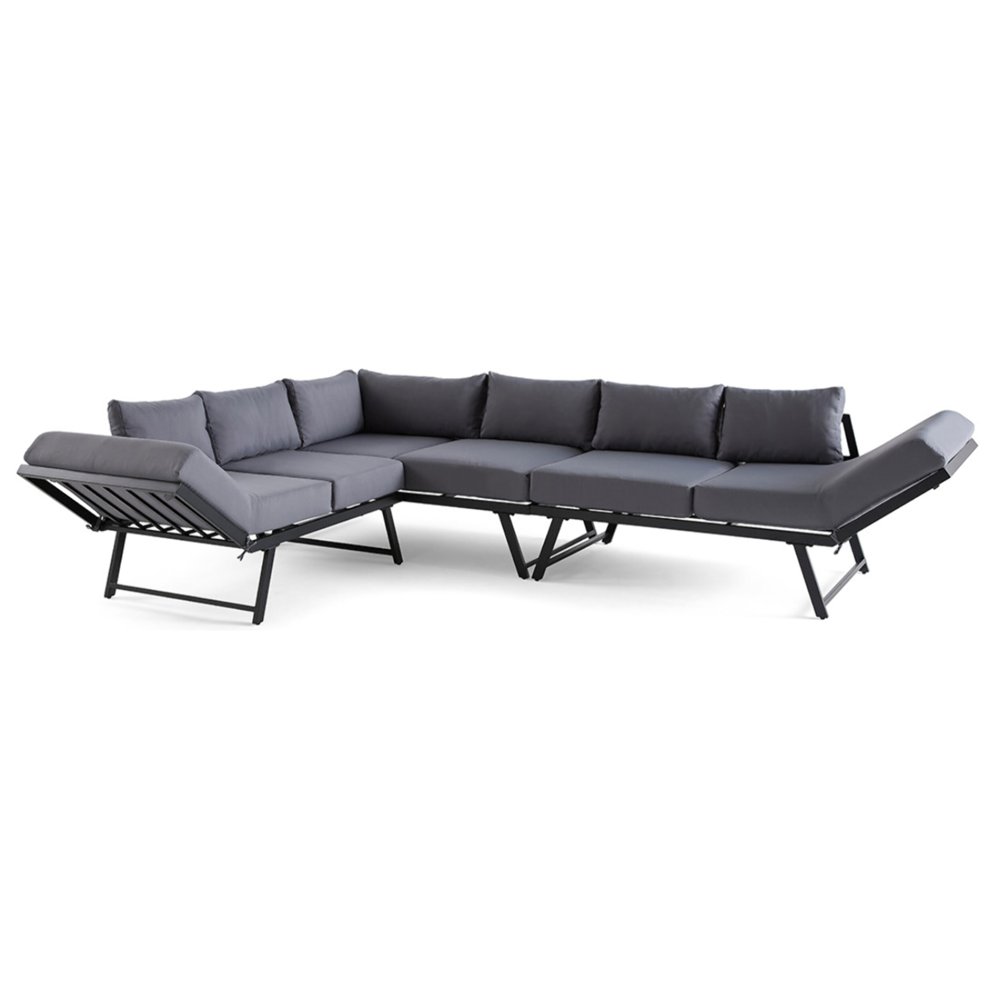 Konna - salon de jardin d'angle en acier noir - 5 places - coussin gris et table incluse - Noir / Gris
