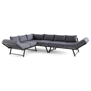 Konna - salon de jardin d'angle en acier noir - 5 places - coussin gris et table incluse - Noir / Gris