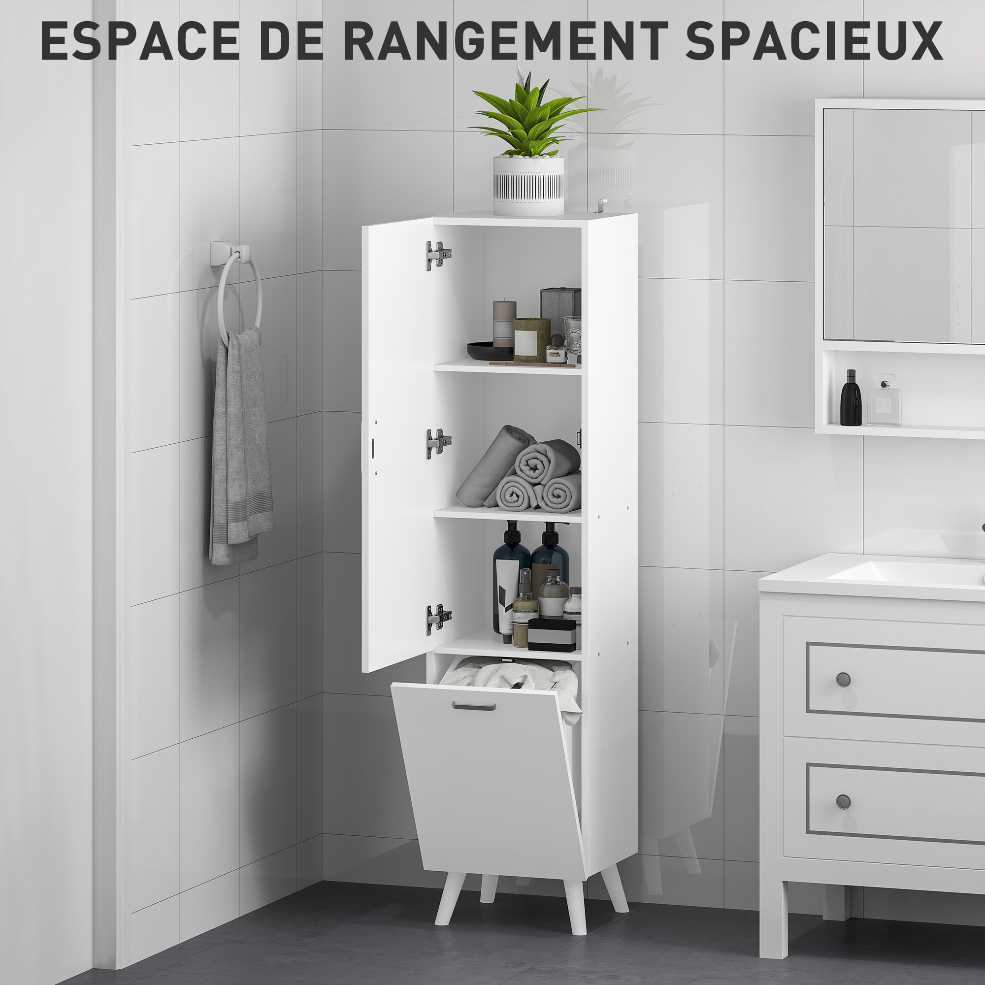 Colonne salle de bain - porte, 2 étagères, panier à linge - dim. 35 x 31,5 x 144 cm - blanc