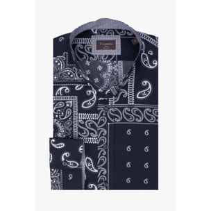 Camicia Uomo Coreano Popeline Fantasia Nero/Bianco