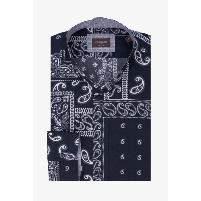 Camicia Uomo Coreano Popeline Fantasia Nero/Bianco