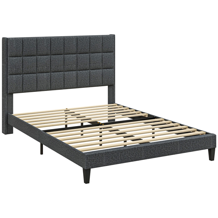 Cama 135x190 cm Estructura de Cama Somier con Cabecera Tapizada de Lino y Espacio de Almacenamiento Debajo de la Cama Carga 300 kg Gris