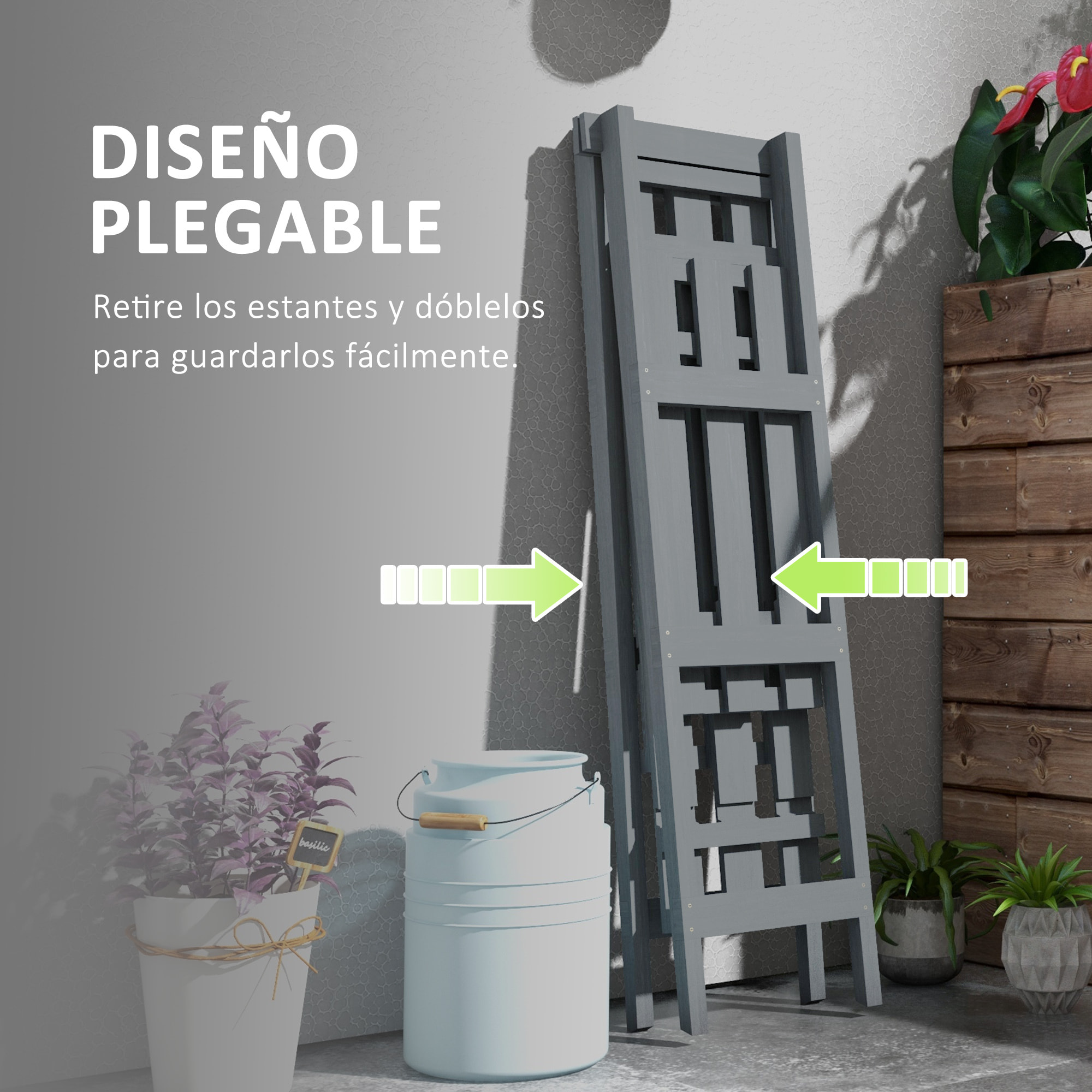 Estantería para Plantas Plegable de Madera Soporte para Macetas de 3 Niveles con Marco en A para Exteriores Interiores Salón Jardín Balcón 100x36x112 cm Gris