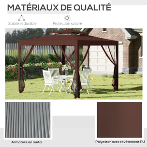 Tonnelle barnum de jardin 3L x 3l m avec 4 moustiquaires amovibles - double toit - métal polyester marron