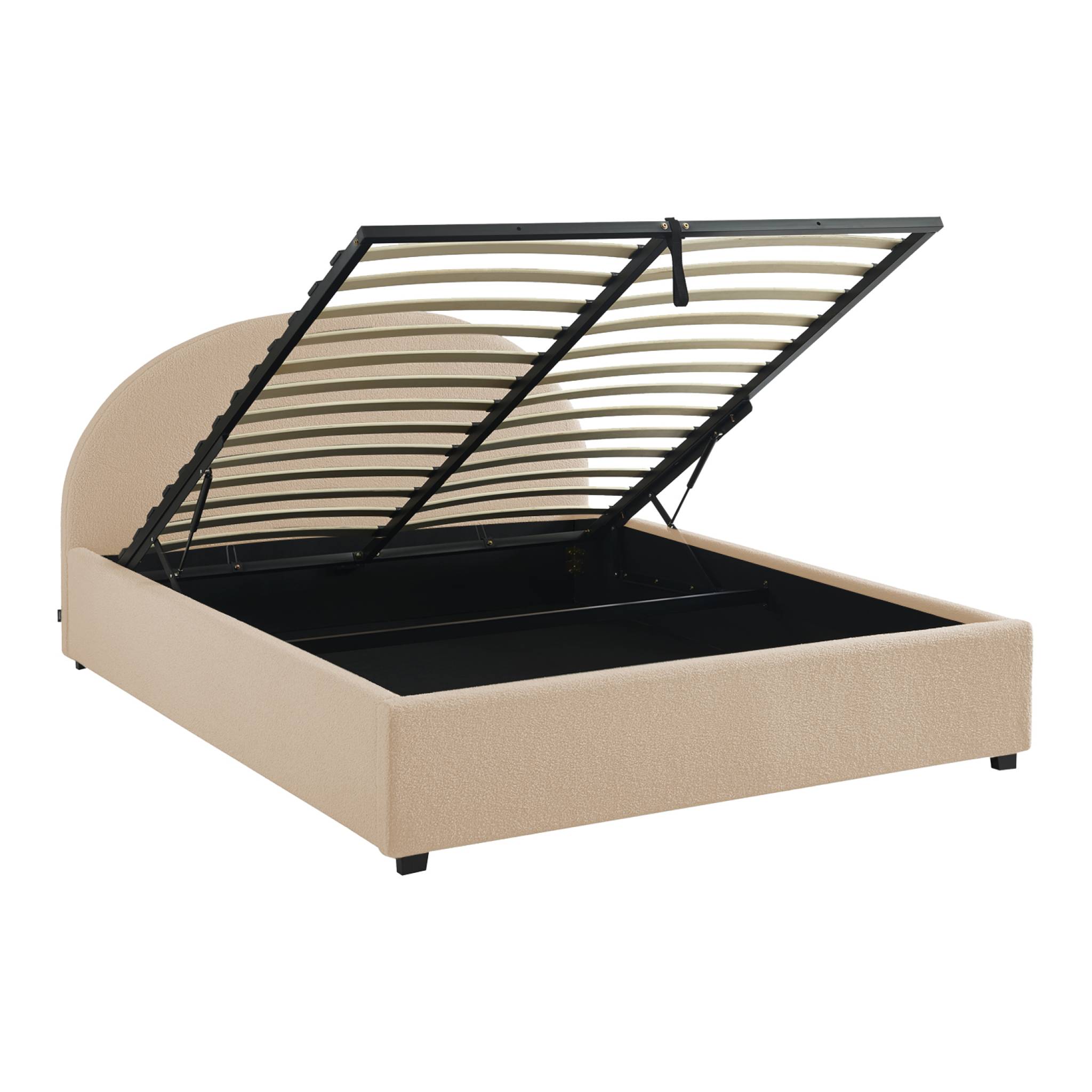 Lit coffre avec sommier à lattes et tête de lit. finition bouclette. nude. L216.5 x P174 x H102cm