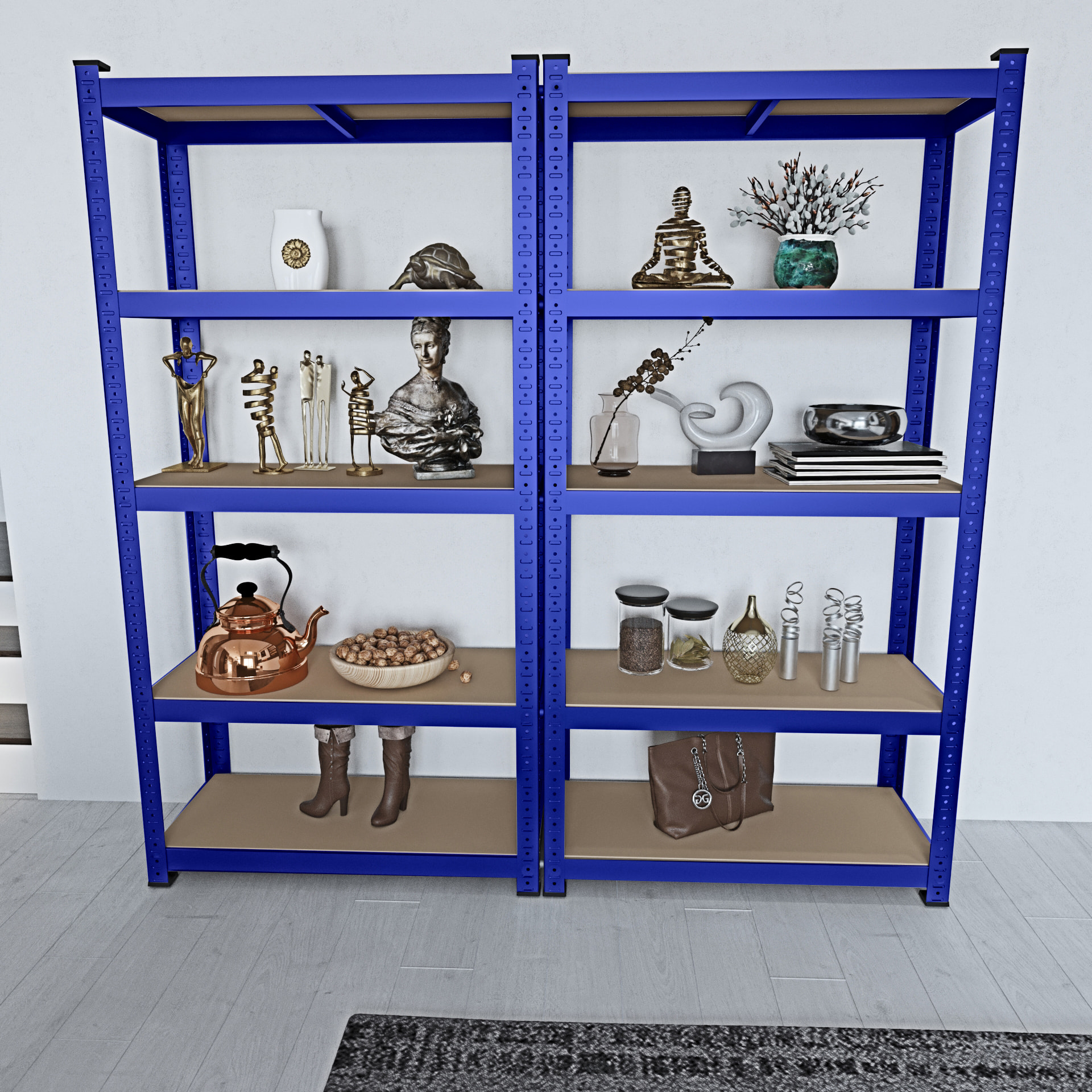 Set di 2 Scaffali In Metallo e MDF - Alta Portata Fino a 875 kg - 5 Ripiani Per Garage Officina Cantina Magazzino - Modulare - Blu - 180x90x40 cm