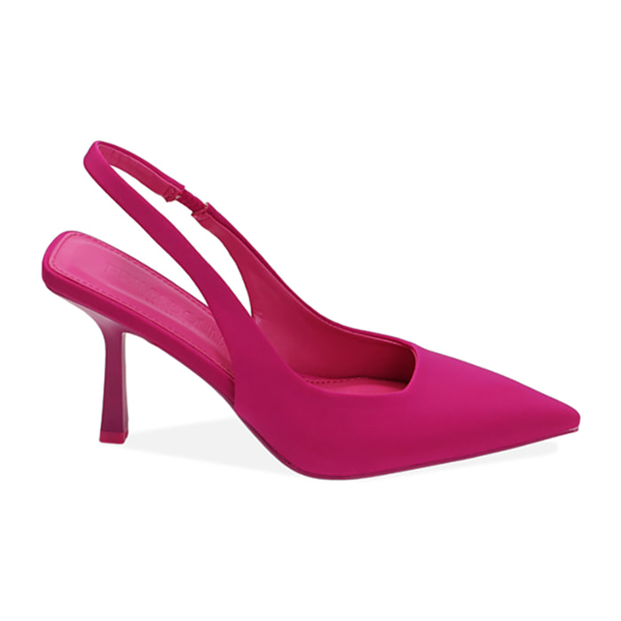 Zapato de tacón destalonado fucsia de tejido, tacón de 8,5 cm