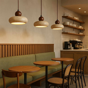 Suspension design ronde en travertin et bois effet noyer TIVOLI
