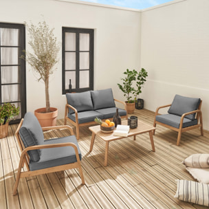 salon de jardin en bois d'acacia 4 places gris CARNOTA. coussins déhoussables. 2 fauteuils. 1 canapé 2 places et 1 table