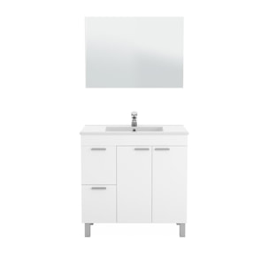 Mobile sottolavabo Lakewood, Mobiletto per bagno, Armadio a 2 ante e due cassetti con specchio, lavabo non incluso, cm 80x45h80, Bianco lucido