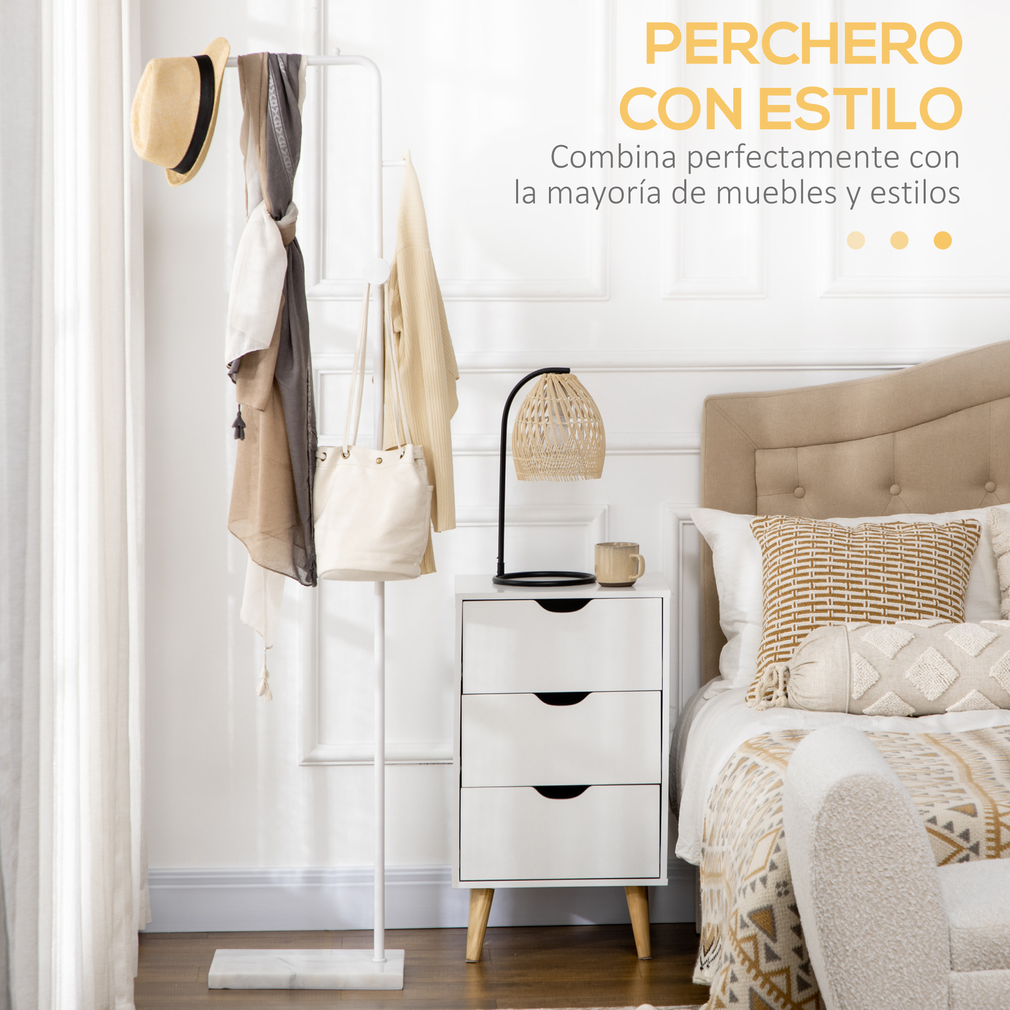 Perchero de Pie Moderno Perchero para Abrigos con 2 Ganchos Redondos Colgadores y Base de Mármol para Dormitorio Pasillo Entrada 35x25x170 cm Blanco