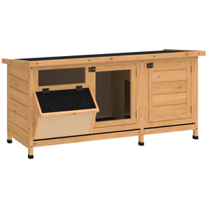 Conejera de Madera, Jaula para Conejos con Techo Asfáltico Abatible, Puertas con Pestillo, Bandejas Extraíbles y Comedero, Conejera para Exterior, 112x50x54 cm, Amarillo