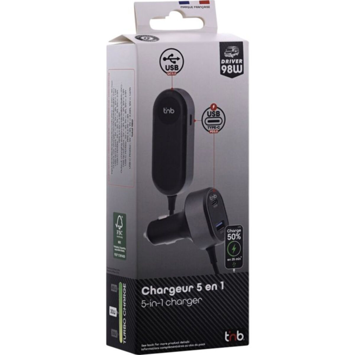 Chargeur allume cigare TNB 98W 2xUSB A et 3xUSB-C noir