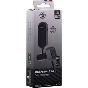 Chargeur allume cigare TNB 98W 2xUSB A et 3xUSB-C noir