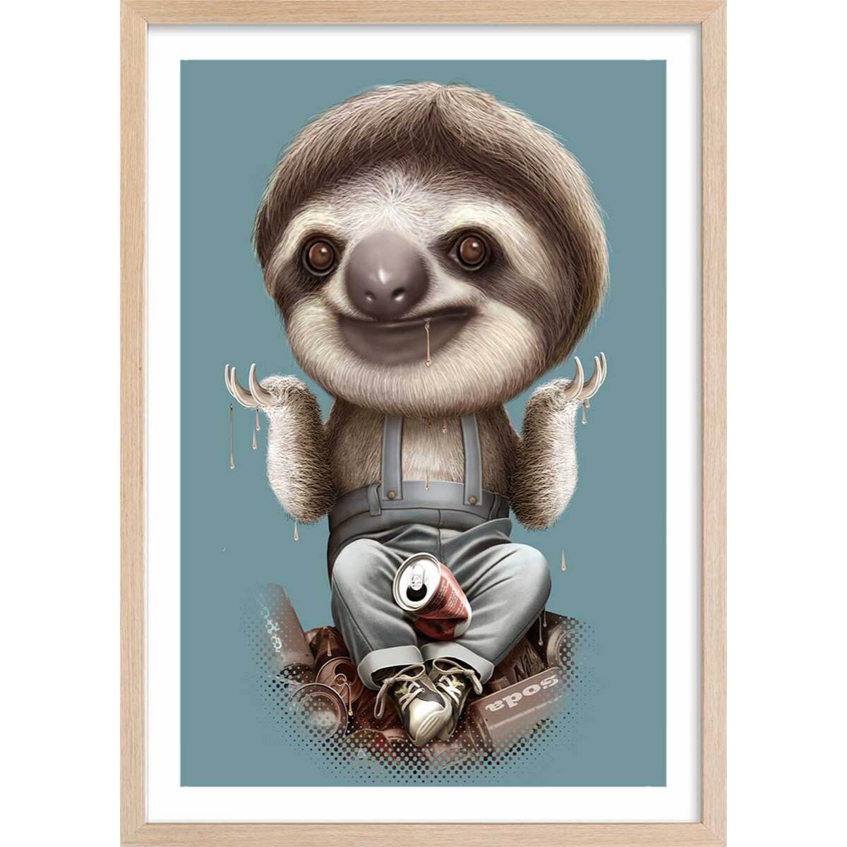 Affiche enfant les paresseux s'en fichent  Affiche + cadre en bois - Chêne