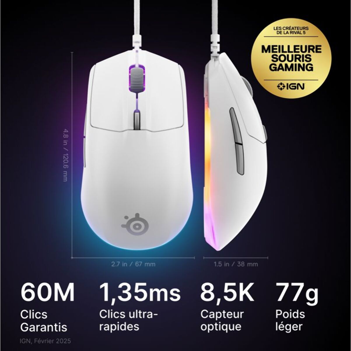 Souris Gamer Filaire STEELSERIES Rival 3 Gen 2 Blanche