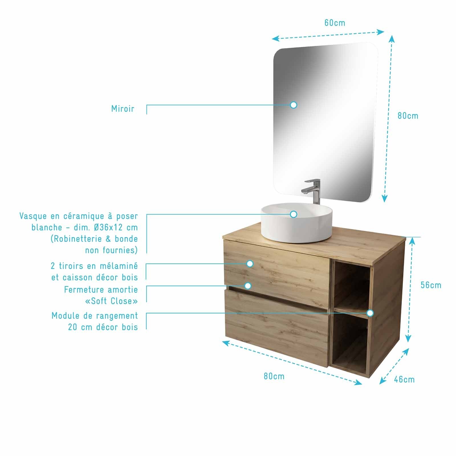 Meuble salle de bains 80 TIMBER Décor Chêne Tiroirs + Module - Vasque Blanche - Miroir 60x80