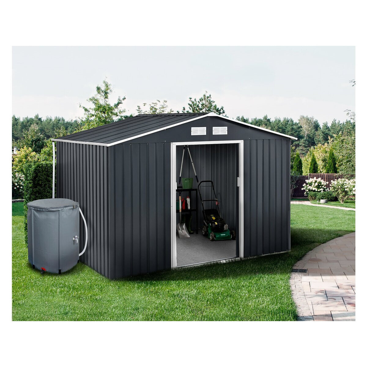 Abri de jardin métal -"Vegas" - 7.06 m² avec gouttière et récupérateur d'eau - Gris