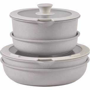 batería de cocina 10 pzs beige/mango extraíble,3 sartenes,2 cazos,tapas y utensilios/aluminio fundido revestimiento antiadherente