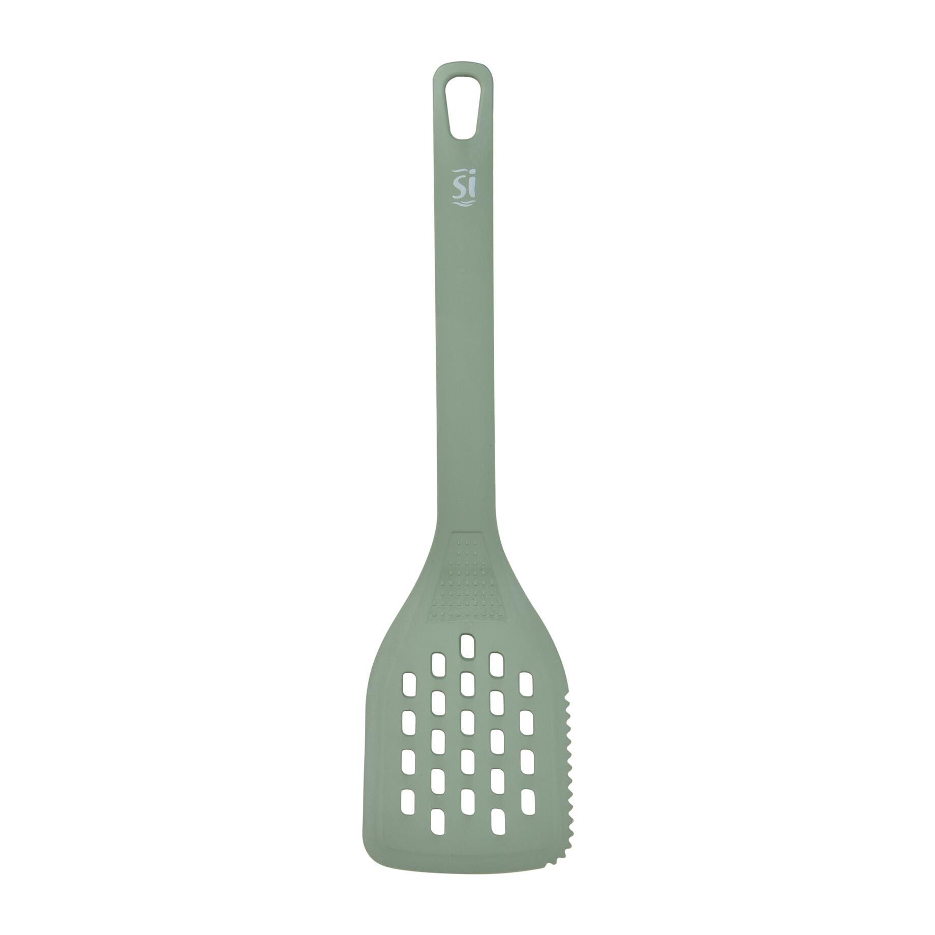 Juego de 4 utensilios de cocina: servidor de pasta (31×7,3 cm), cuchara de servir (33×5,8 cm), cucharón (31×9 cm) y espátula ranurada (31,5×7,4 cm), color negro, material PBT