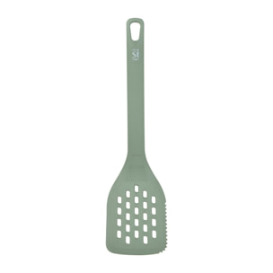 Juego de 4 utensilios de cocina: servidor de pasta (31×7,3 cm), cuchara de servir (33×5,8 cm), cucharón (31×9 cm) y espátula ranurada (31,5×7,4 cm), color negro, material PBT