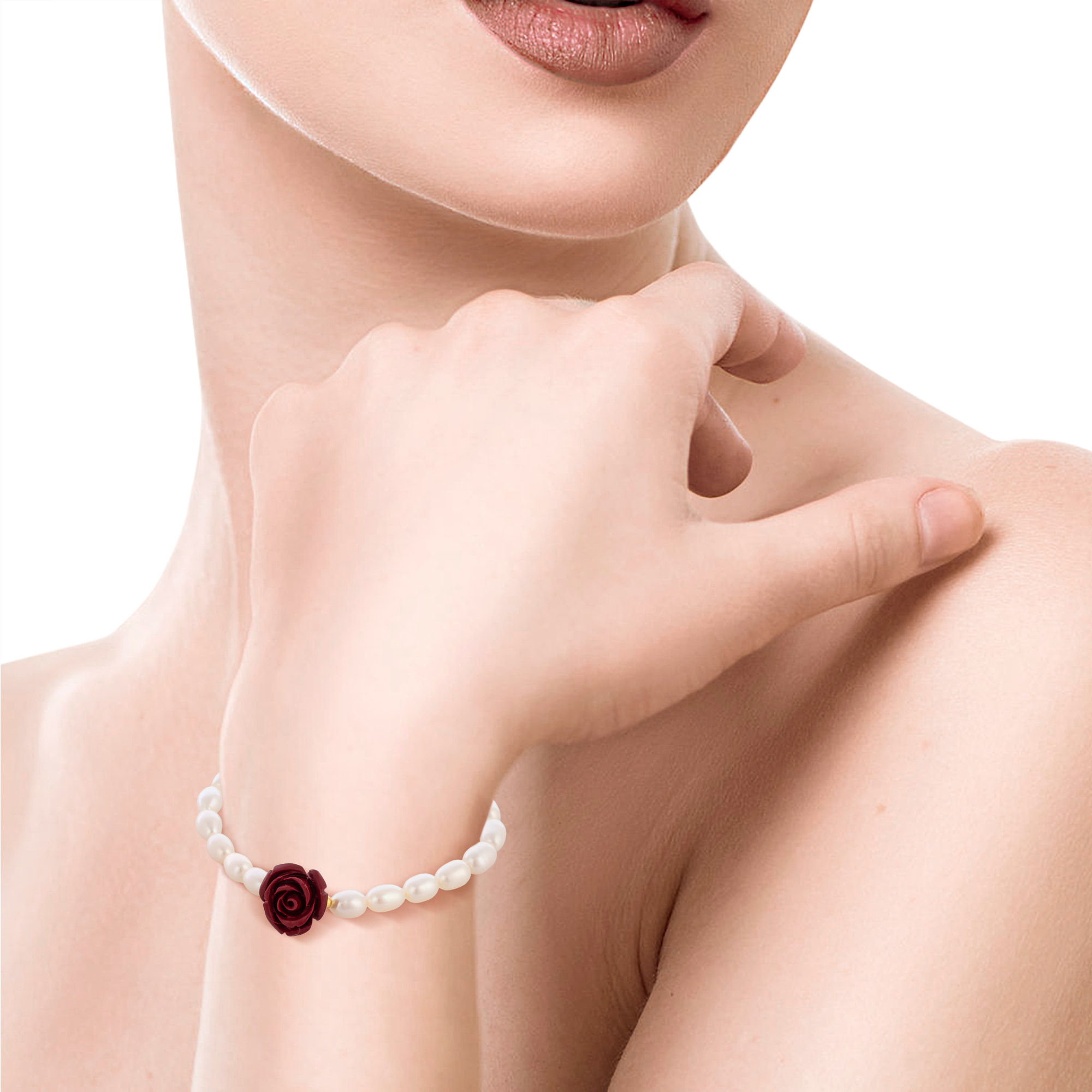 Venere Pulsera elástica de perlas naturales con adorno central de cinabrio y diseño de rosa.