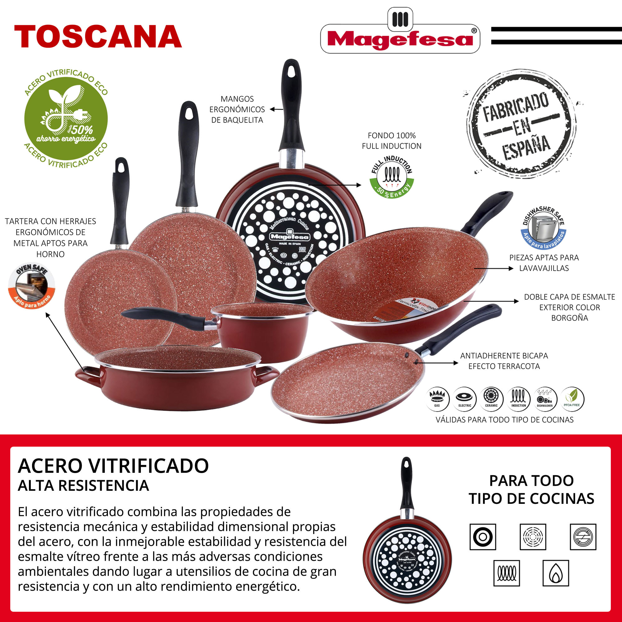 Magefesa colección Toscana sartén 18 en acero esmaltado vitrificado, apto inducción y lavavajillas