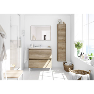 Mobile sottolavabo Modesto, Mobiletto sospeso con 2 cassetti, Armadio per bagno con specchio, Lavabo escluso, cm 80x45h80, Quercia