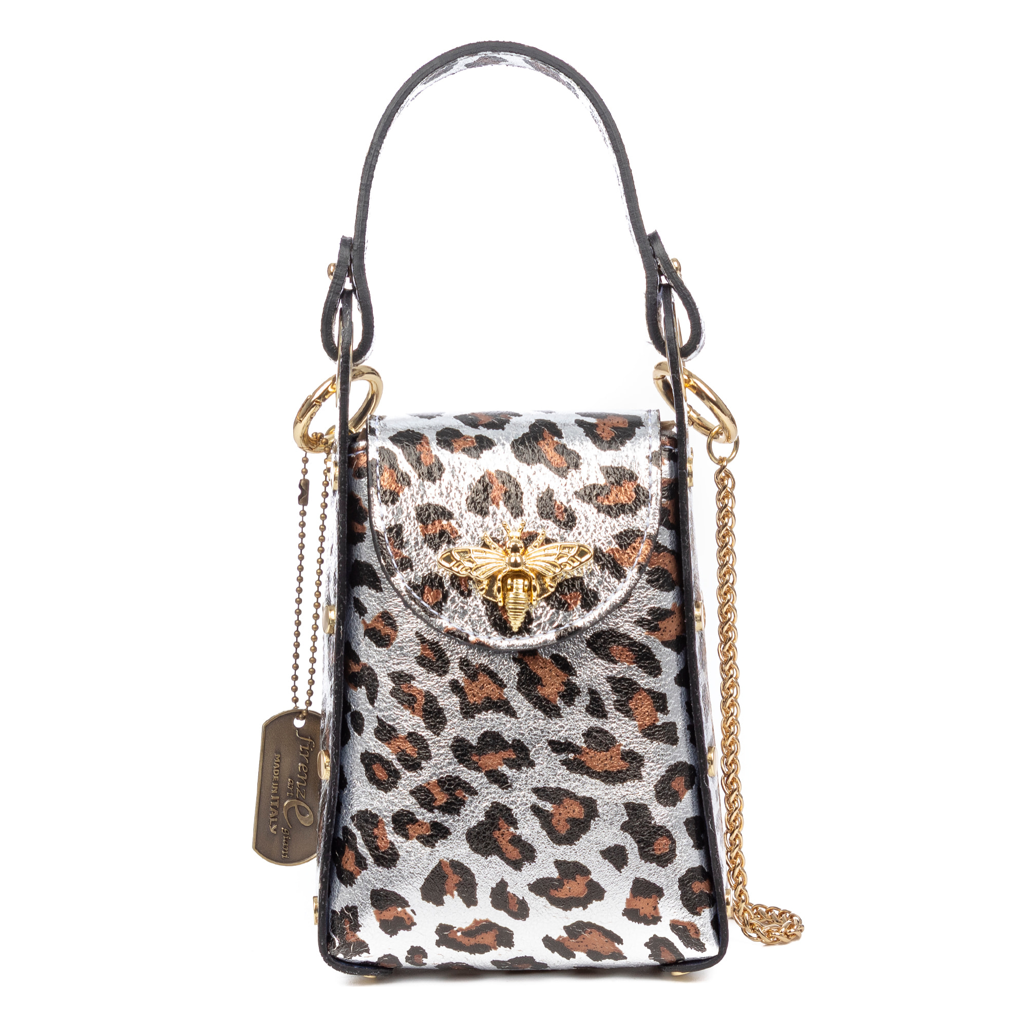 Alviano bolso de mano mujer. Piel auténtica Gamuza con estampado animal print leopardo lacada brillante.