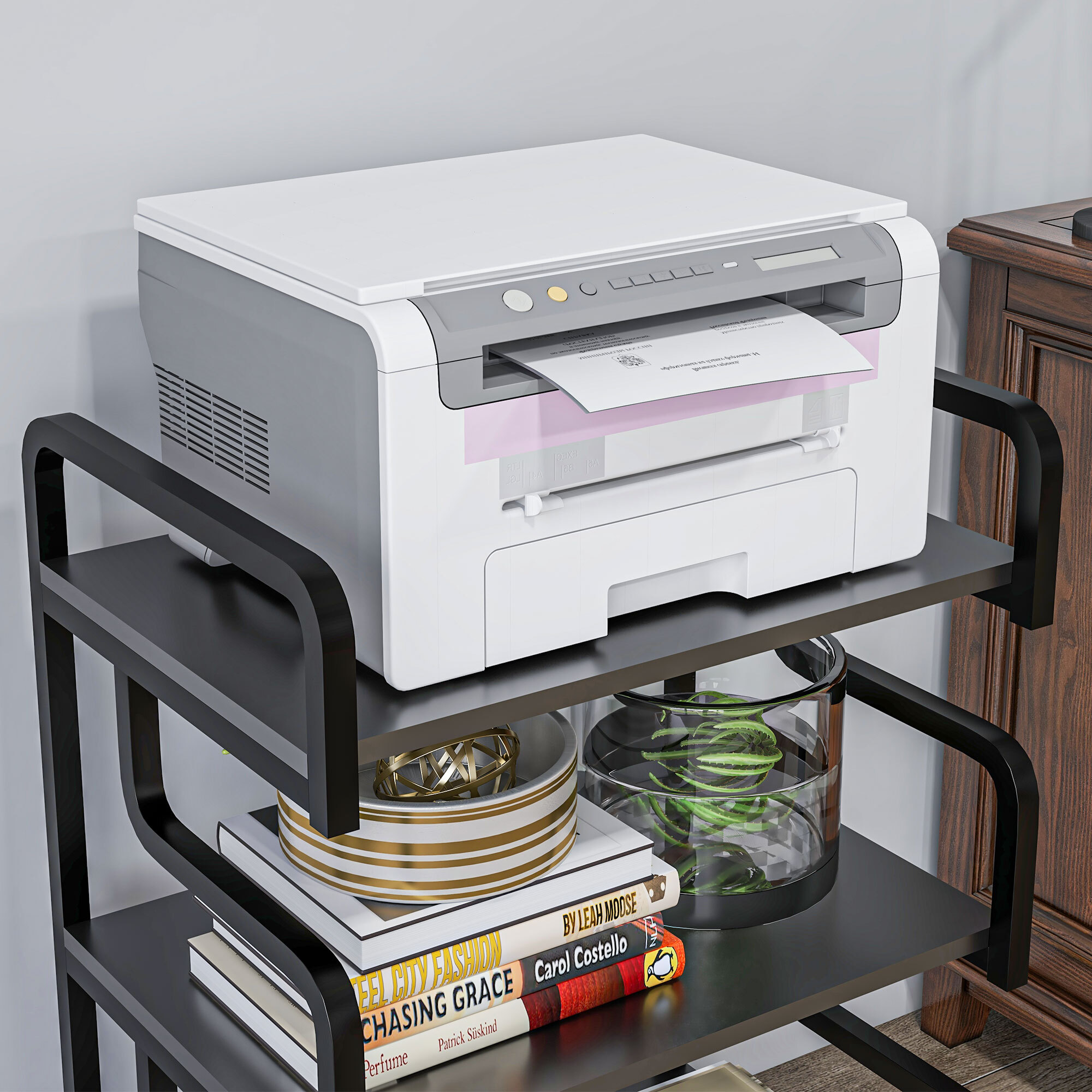 HOMCOM Soporte para Impresora de 3 Niveles, Mueble para Impresora con Marco de Acero, Estantería de Almacenamiento Multiusos para Escáner y Fax en Oficina, Casa, 55x40x77 cm, Negro