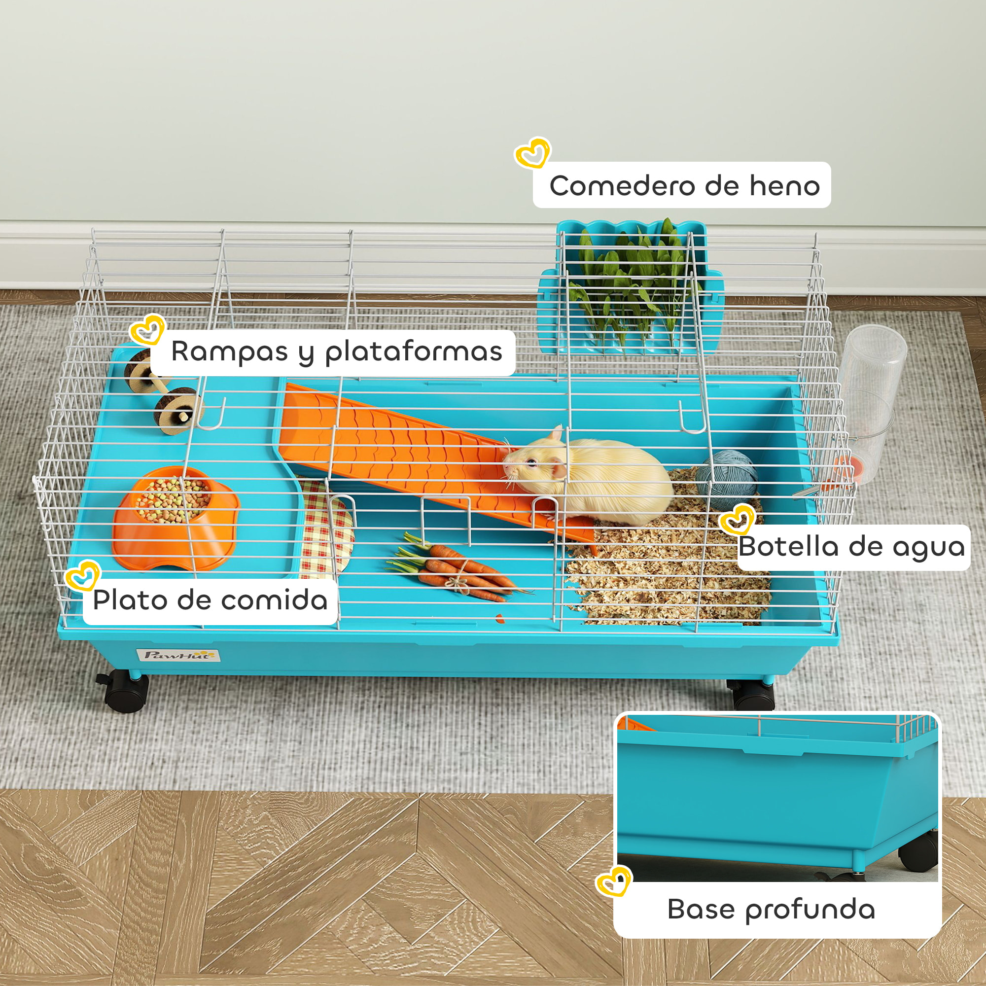 Jaula para Animales Pequeños, Jaula para Roedores con Ruedas, Botella de Agua, Comedero, Dispensador de Heno, Plataforma, Rampa, Bandeja Extraíble, para Conejos y Cobayas, 89x44x43 cm, Azul