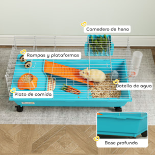 Jaula para Animales Pequeños, Jaula para Roedores con Ruedas, Botella de Agua, Comedero, Dispensador de Heno, Plataforma, Rampa, Bandeja Extraíble, para Conejos y Cobayas, 89x44x43 cm, Azul