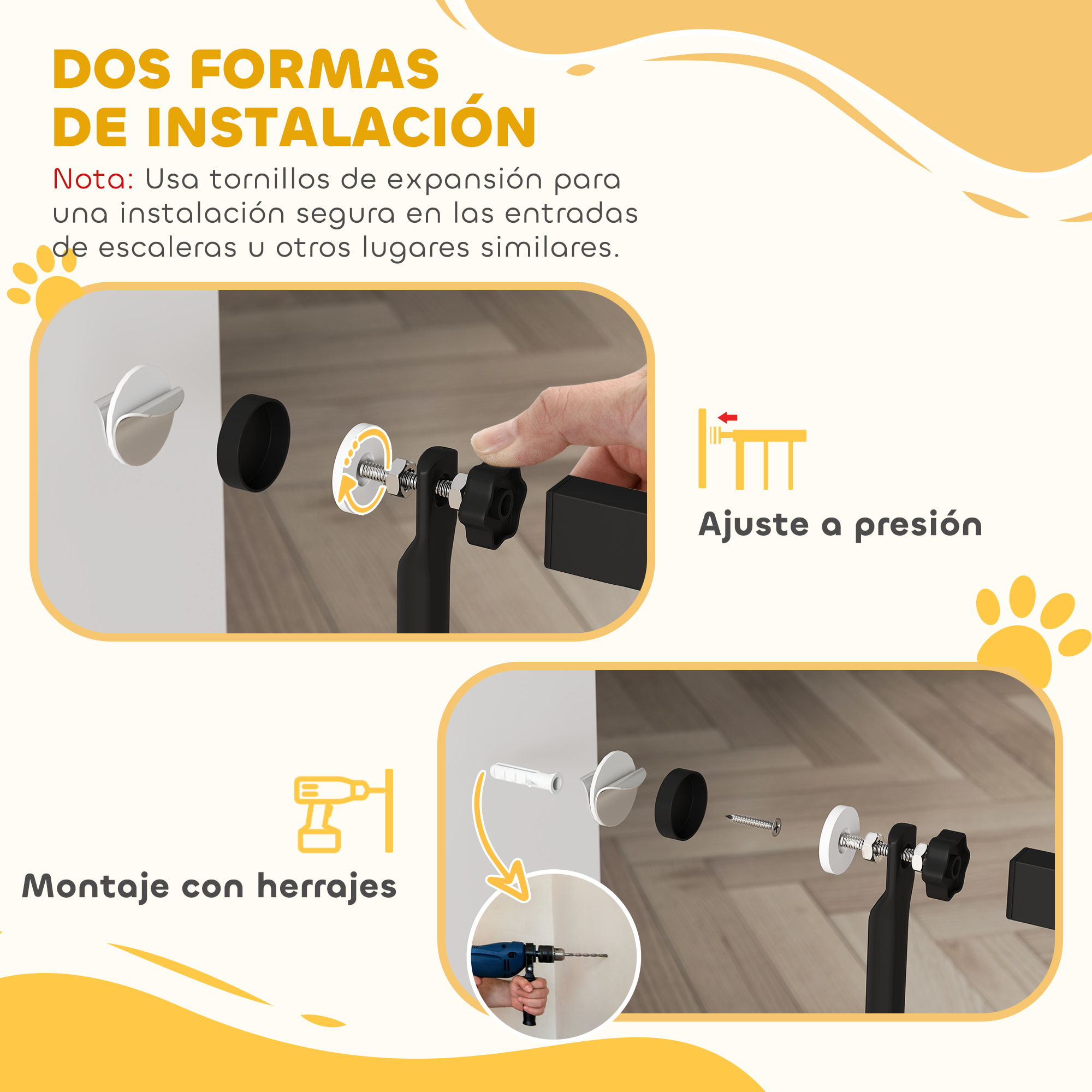 Barrera de Seguridad para Perros y Gatos Extra Alta 150 cm, Barrera para Perros Extensible 77-104 cm para Puertas y Escaleras, con Montaje a Presión, 2 Extensiones y Puerta de Paso, Negro
