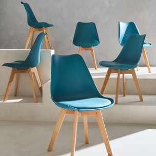 Lot de 6 chaises scandinaves. pieds bois de hêtre. chaises 1 place. bleu canard