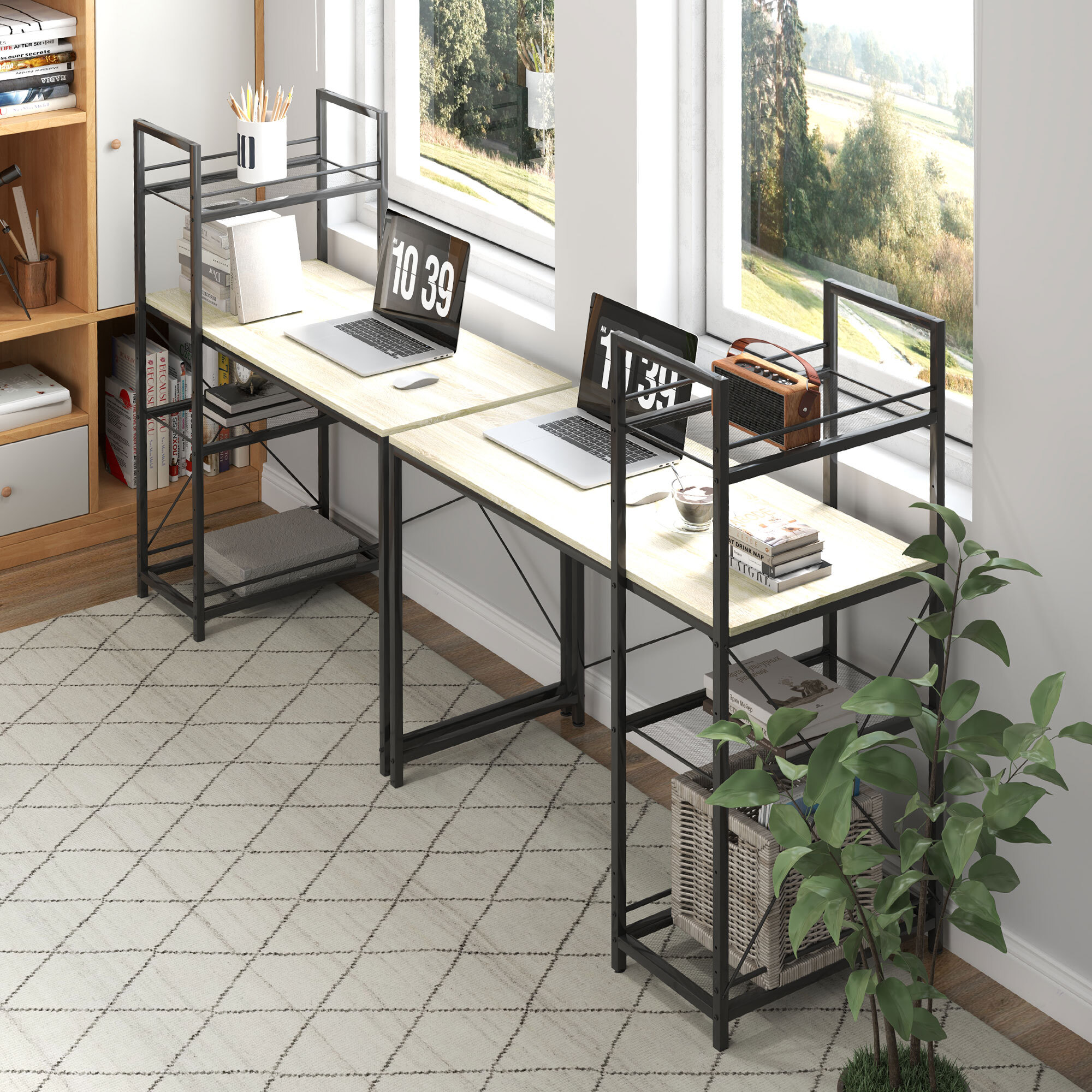 Escritorio con Estantería Reversible Industrial Escritorio con Marco de Acero Mesa de Estudio para Oficina Dormitorio 110x53x115,5 cm Roble y Negro