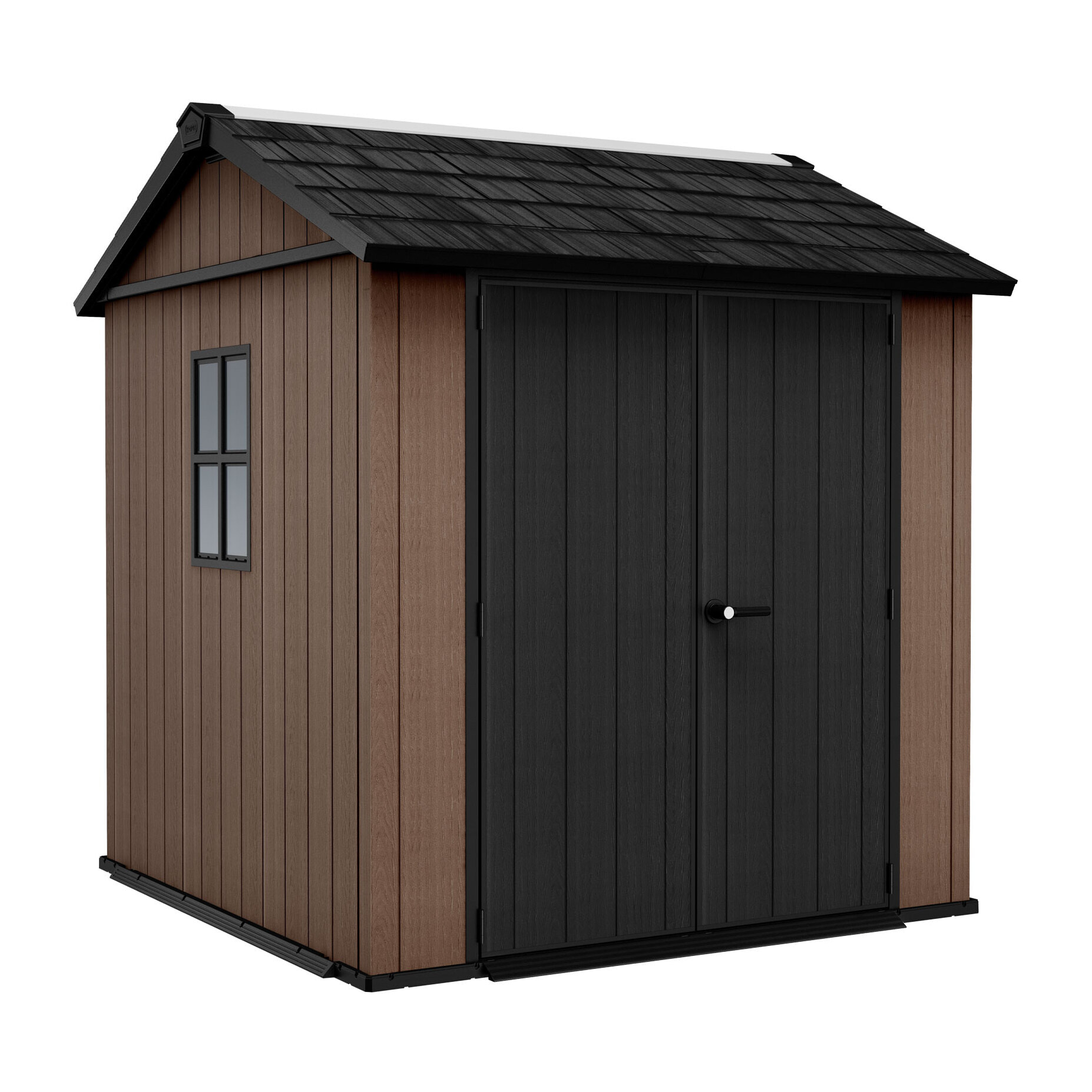 Newton + 757/775 - Casetta da Giardino 223x246x230 cm 2 Ante per deposito attrezzi finitura effetto legno Evotech+ in Resina Marrone e Nero