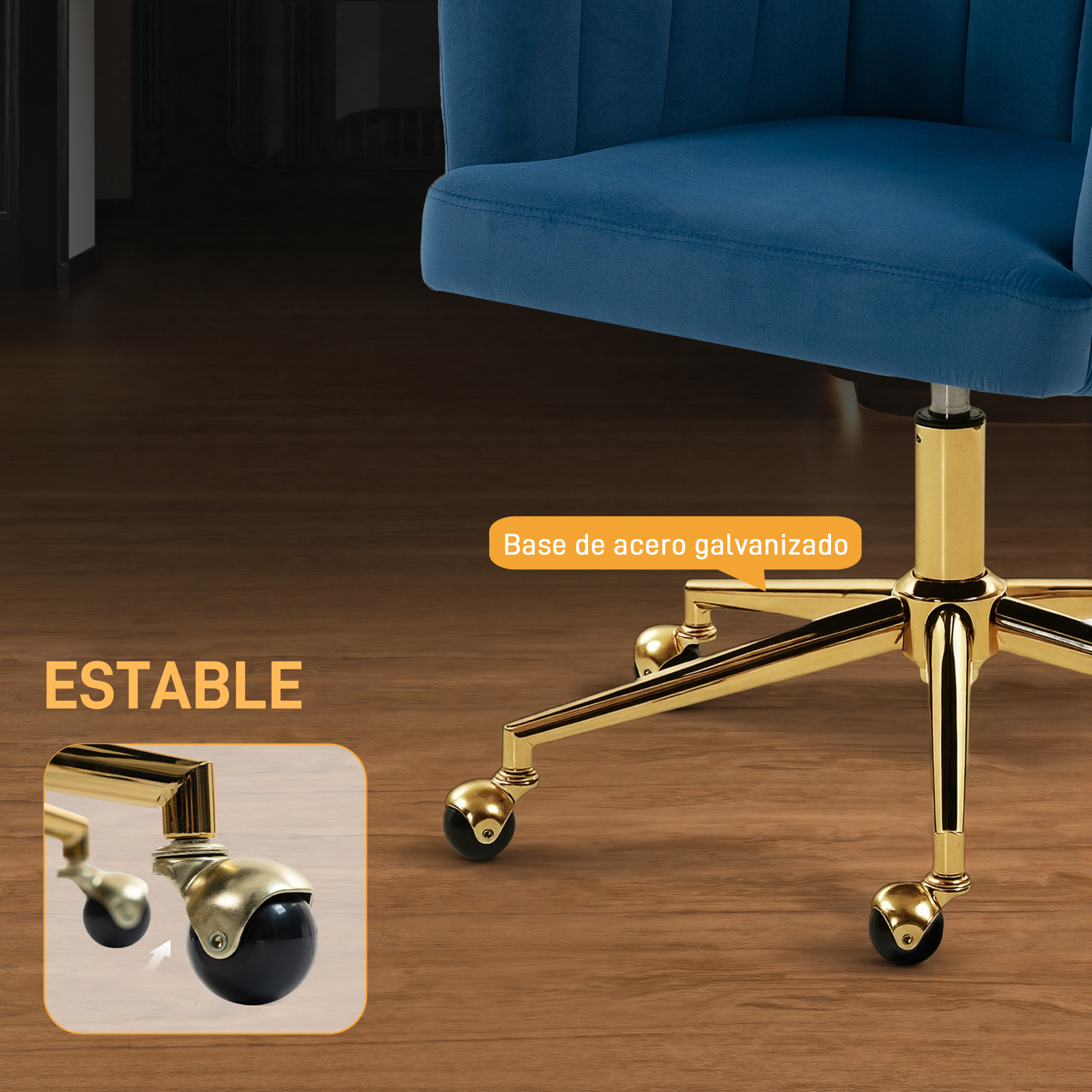 Silla de Oficina con Ruedas, Silla de Escritorio de Terciopelo con Respaldo Acolchado con Costuras, Asiento Ancho, Altura Ajustable, Espuma de Alta Resiliencia, para Casa, Oficina, Azul