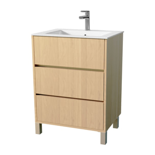 Pack Meuble Salle de Bains 60 cm Chêne Clair, 3 tiroirs avec Vasque Céramique - XENOS