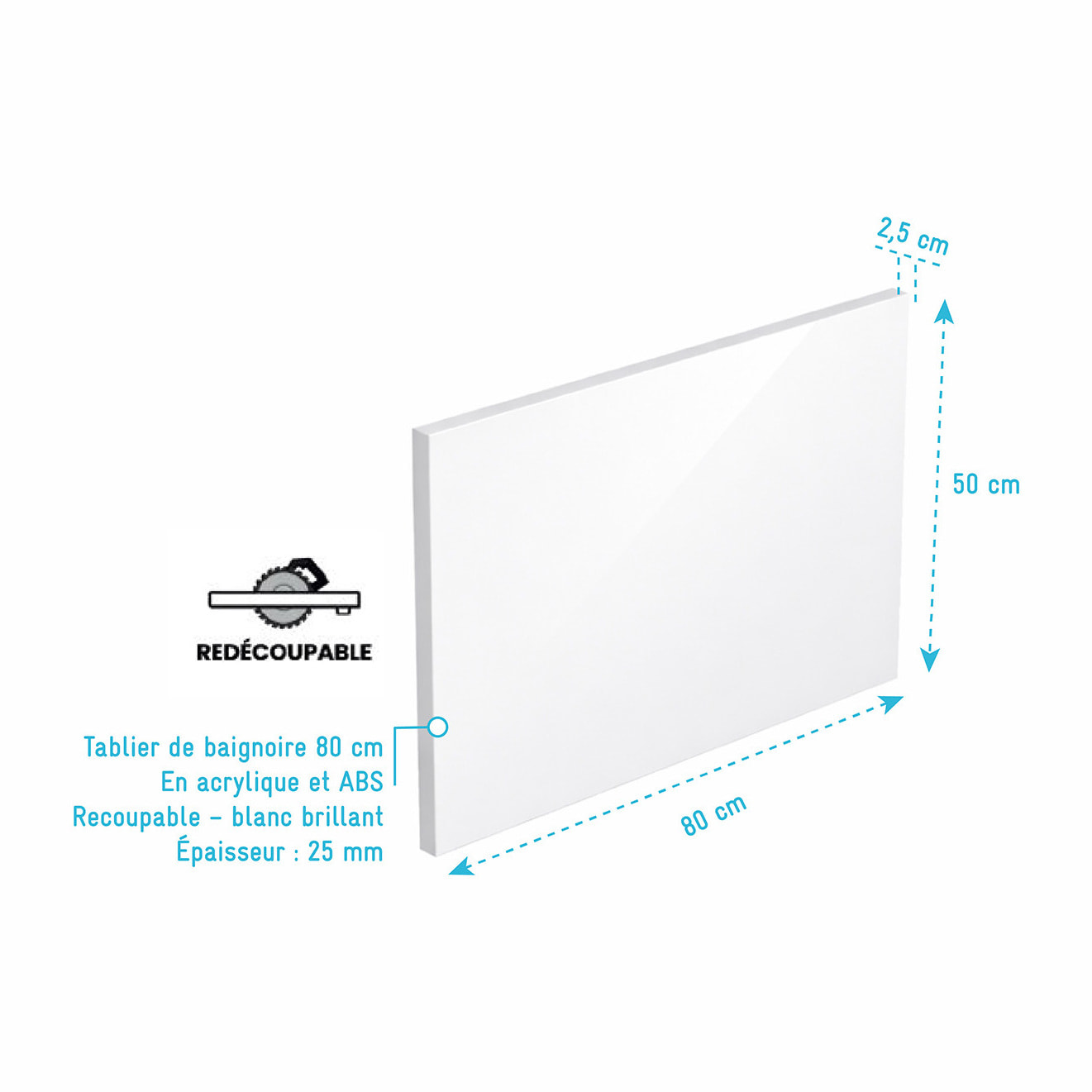 Tablier de Baignoire Blanc Brillant 80x50x2.5 cm - Acrylique et ABS